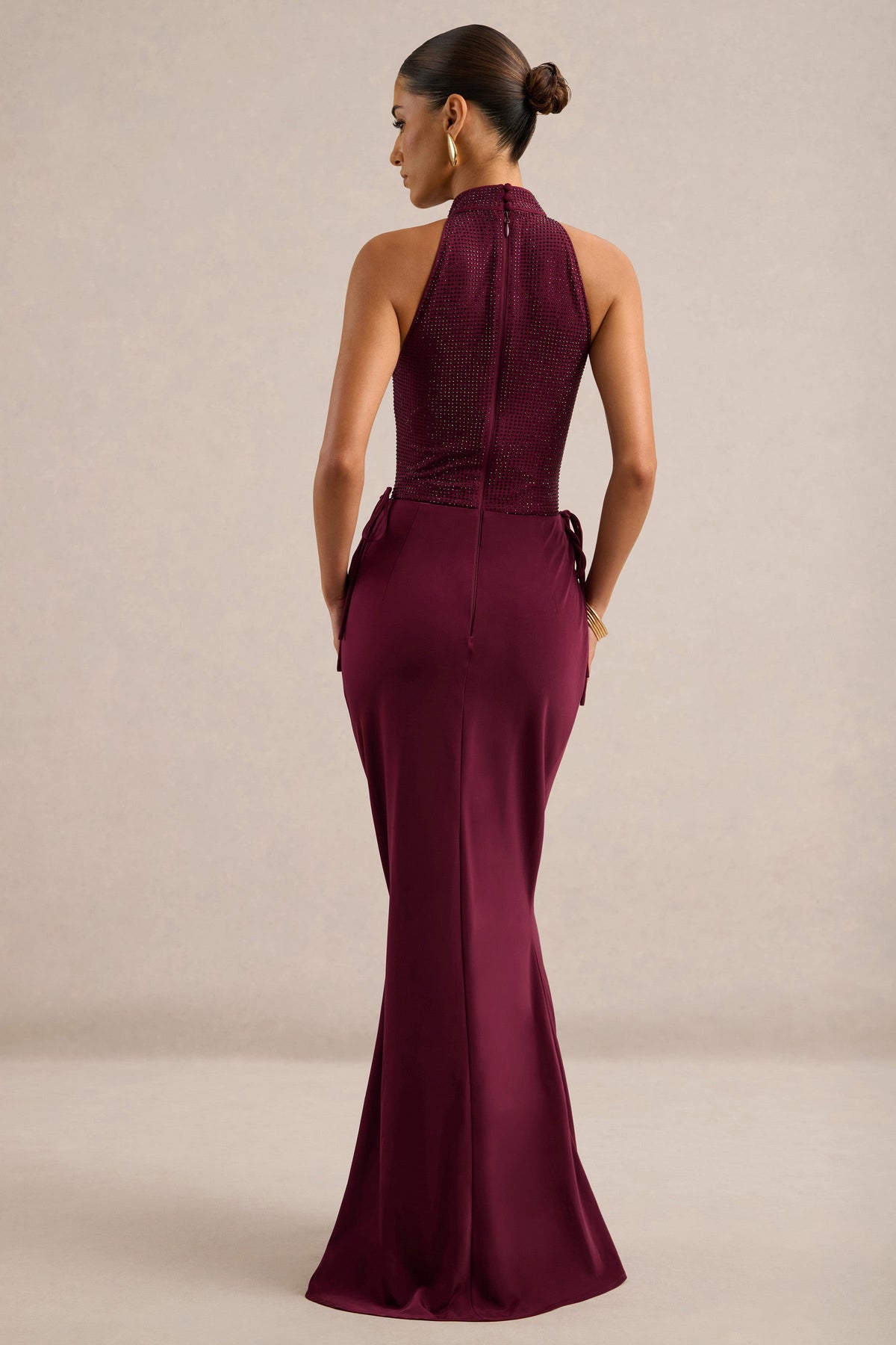 Amirae | Burgundy Embellished Halter Neck Maxi Dress With Satin Skirt And Drape Detailing