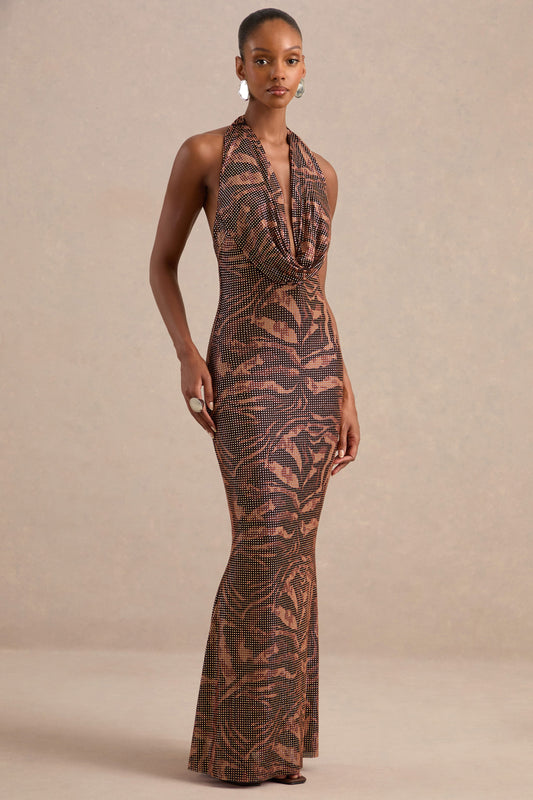 Livinia | Brown Animal Print Embellished Plunge Maxi Dress With Low Back