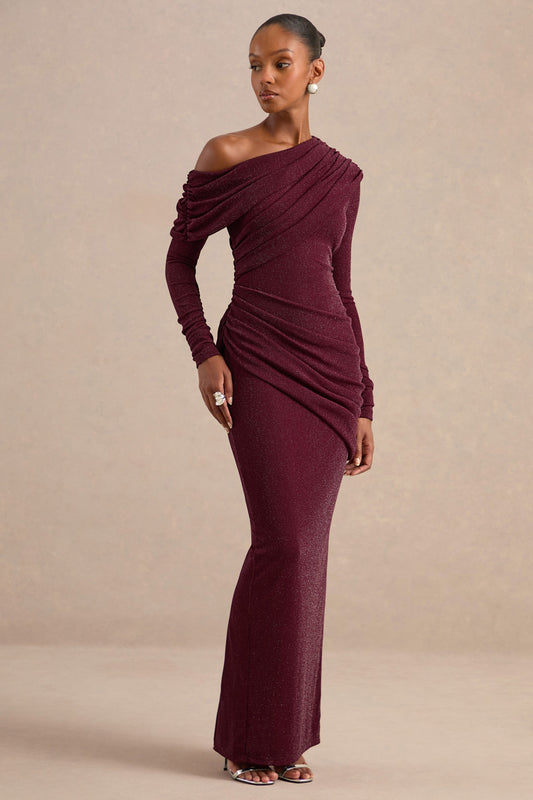 Annemarie | Burgundy Mesh One Shoulder Long Sleeve Maxi Dress With Ruching