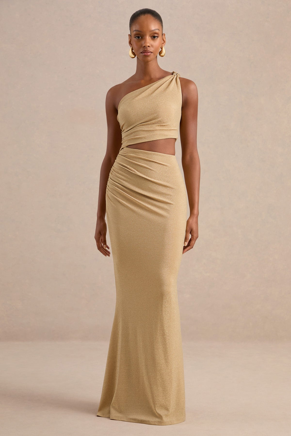 Andela | Gold Glitter Mesh One Shoulder Maxi Dress With Body Cut Out And Gold Trim