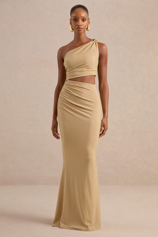 Andela | Gold Glitter Mesh One Shoulder Maxi Dress With Body Cut Out And Gold Trim