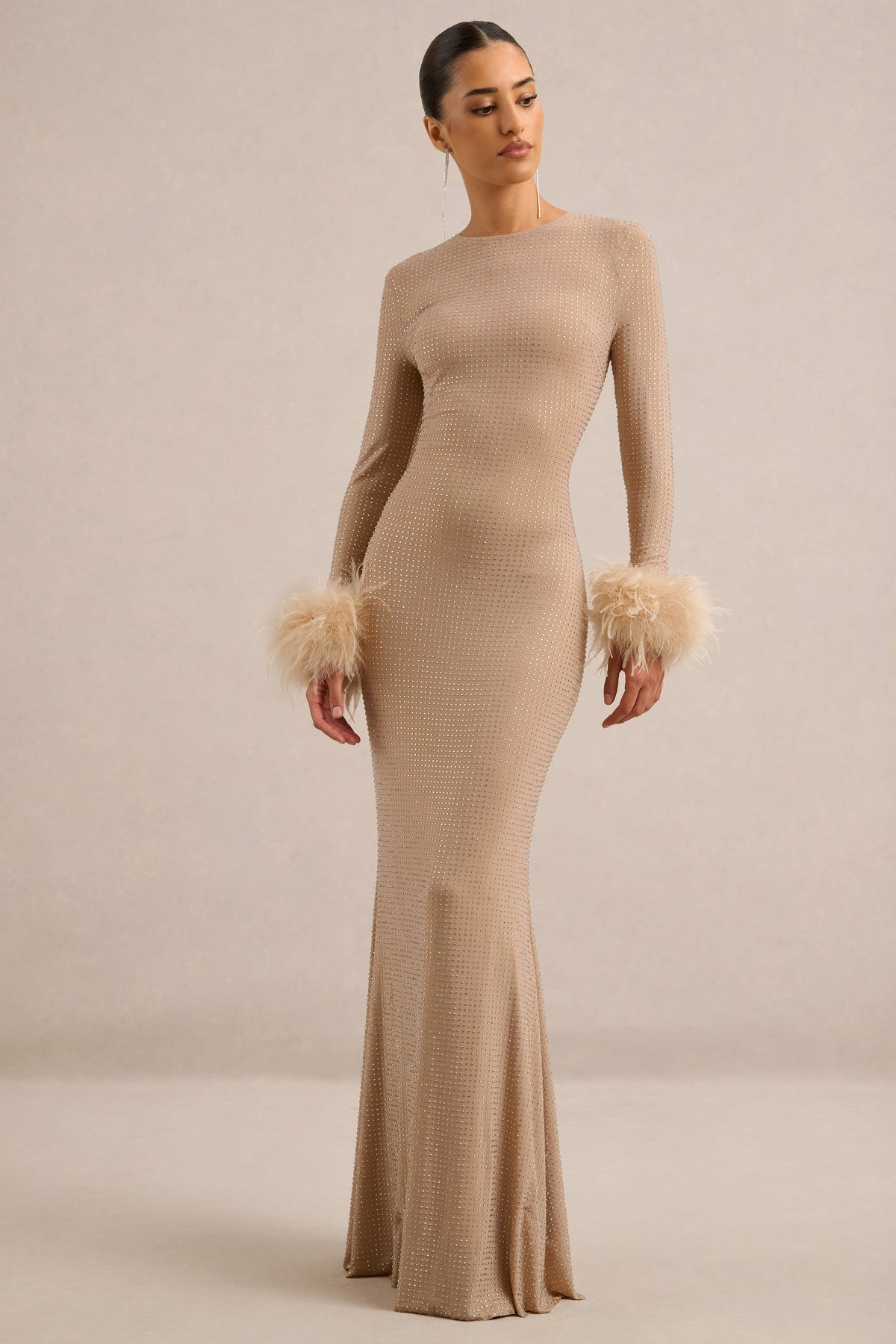 Garance | Champagne Embellished Round Neck Long Sleeve Maxi Dress With Detachable Feather Cuffs