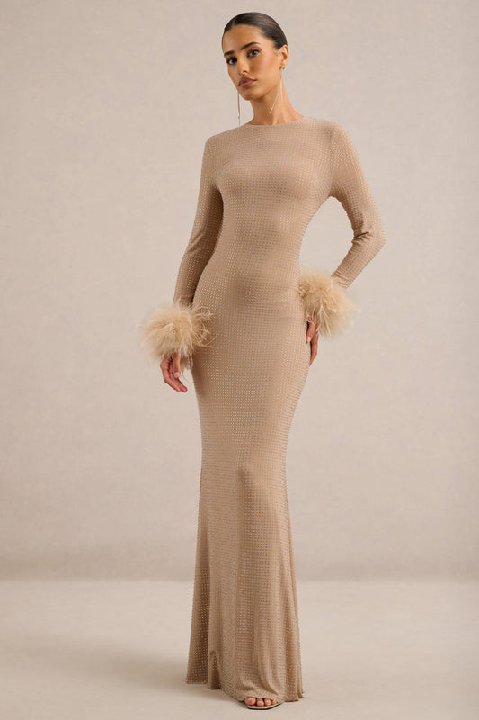 Garance | Champagne Embellished Round Neck Long Sleeve Maxi Dress With Detachable Feather Cuffs