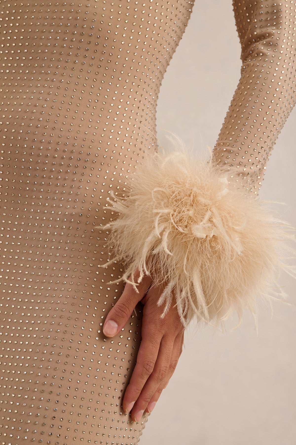 Garance | Champagne Embellished Round Neck Long Sleeve Maxi Dress With Detachable Feather Cuffs