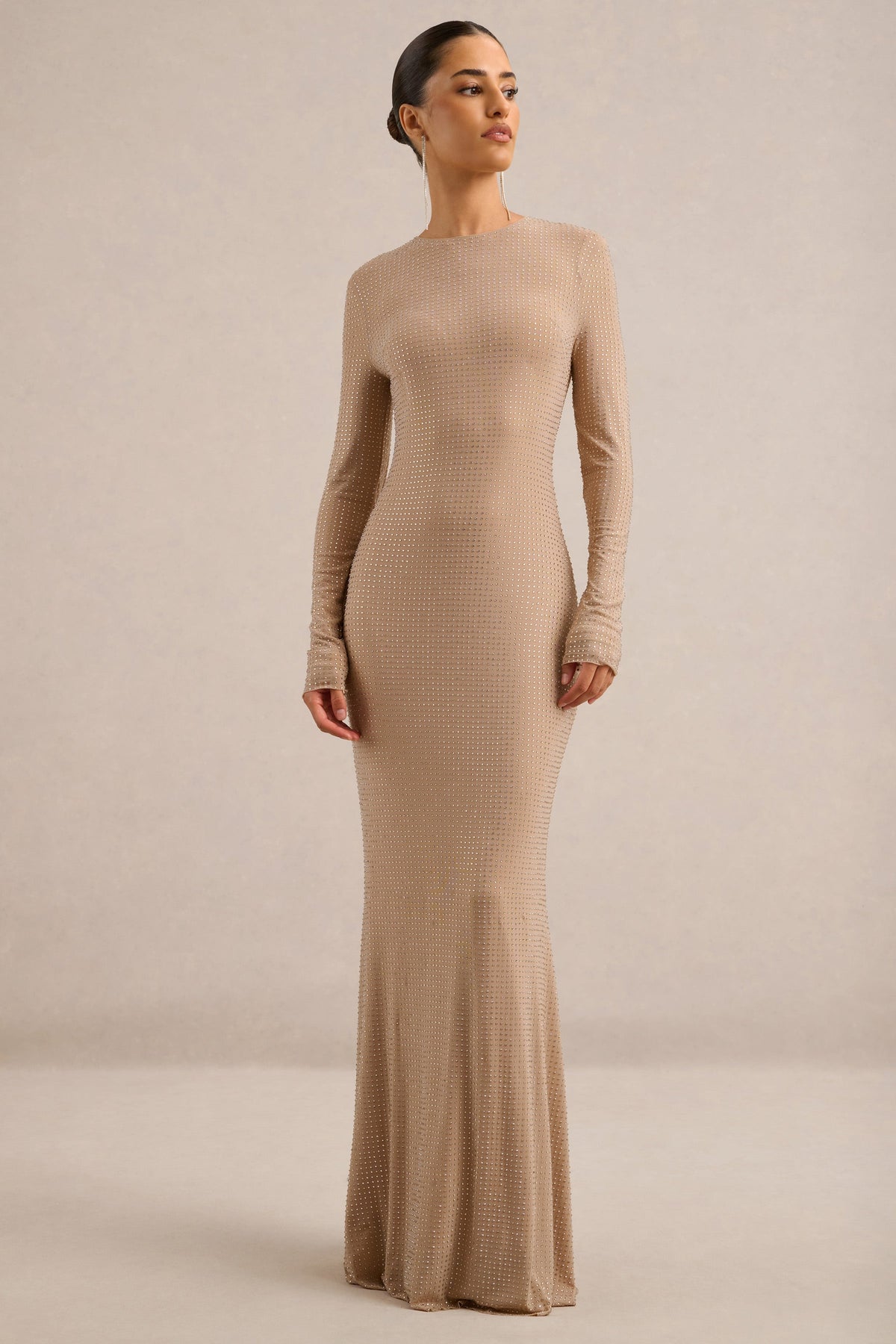 Garance | Champagne Embellished Round Neck Long Sleeve Maxi Dress With Detachable Feather Cuffs