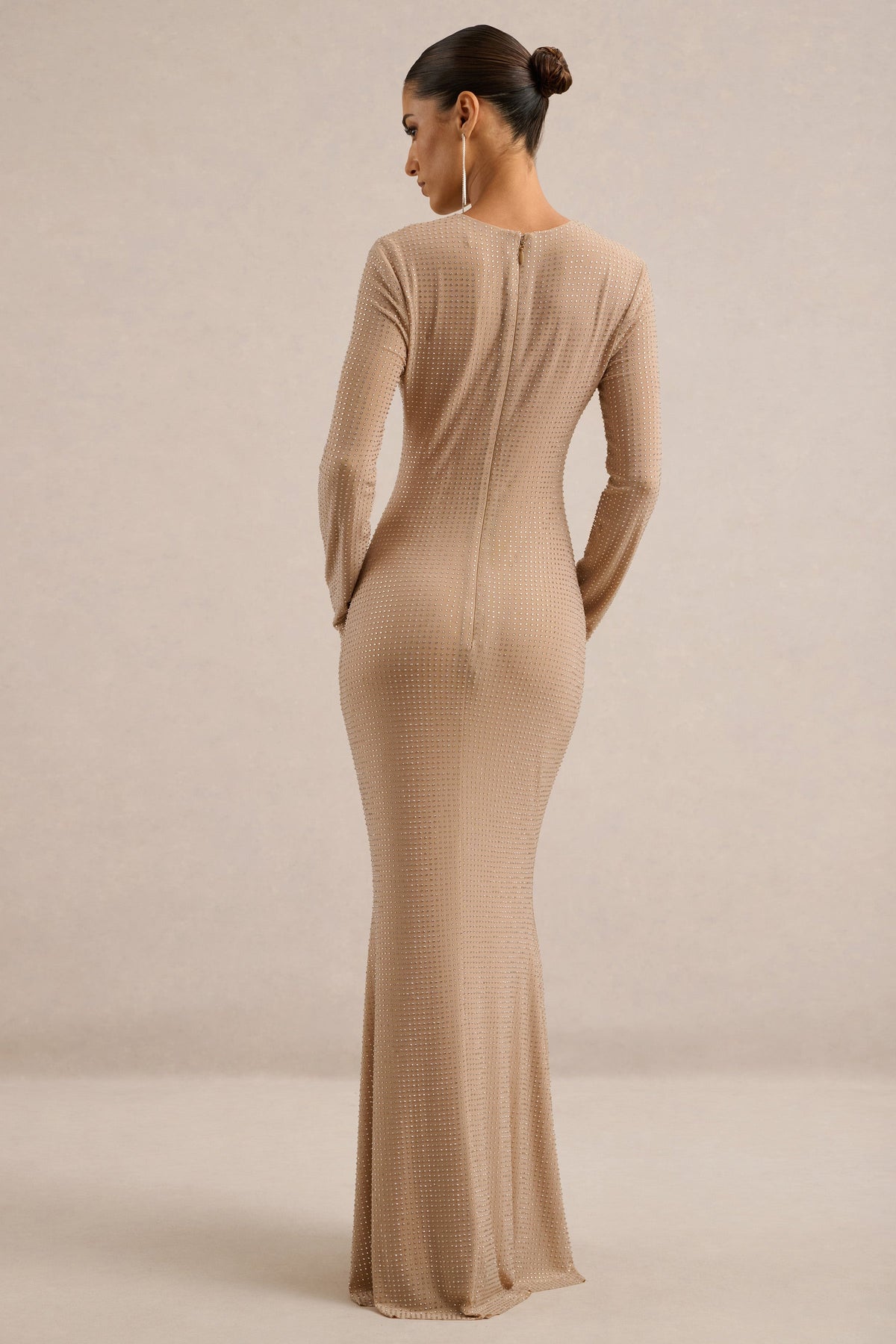 Garance | Champagne Embellished Round Neck Long Sleeve Maxi Dress With Detachable Feather Cuffs