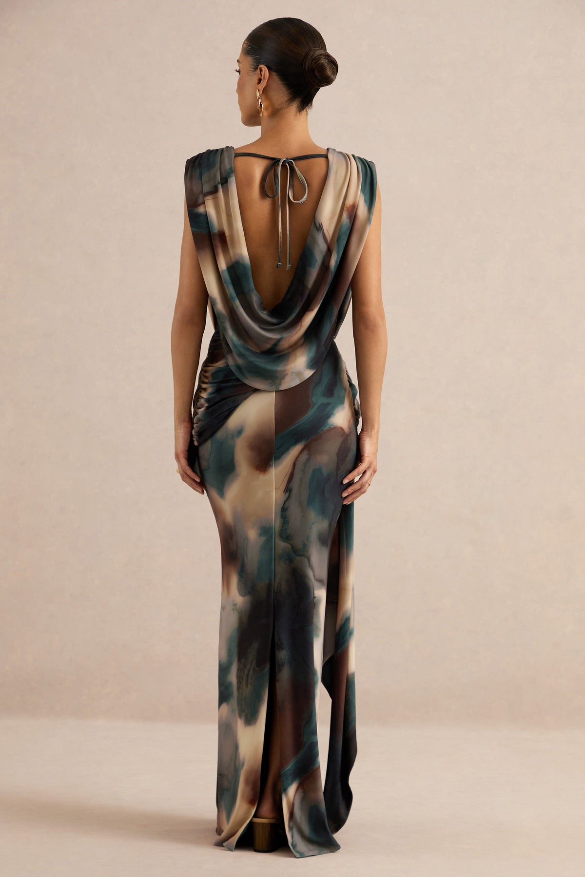 Lilias | Black And Blue Ombre Print Jersey Plunge Top With Draped Detailing And Tie Back