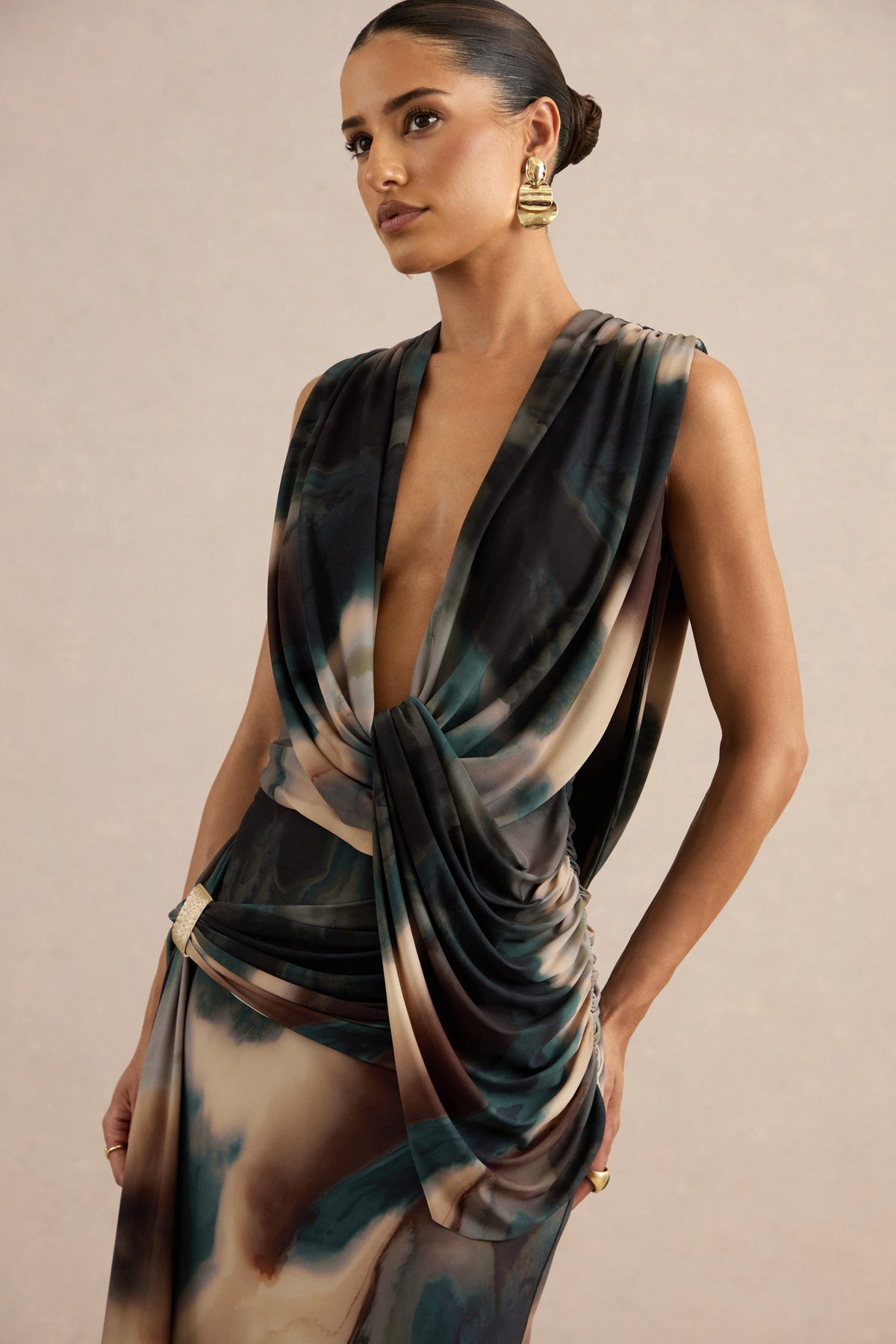 Lilias | Black And Blue Ombre Print Jersey Plunge Top With Draped Detailing And Tie Back