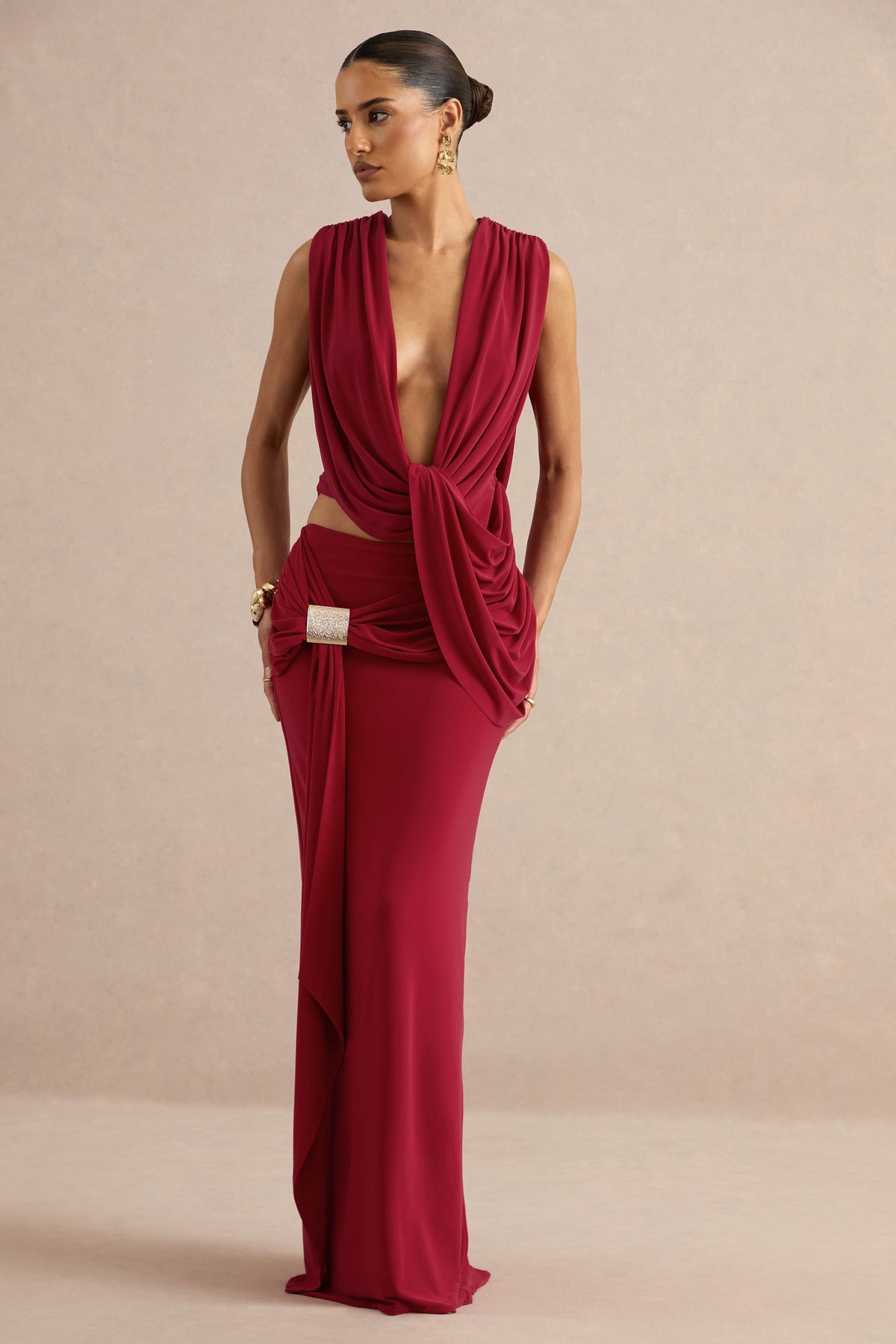 Lilias | Red Jersey Ruched Mid Rise Maxi Skirt With Sash And Gold Trim Detailing