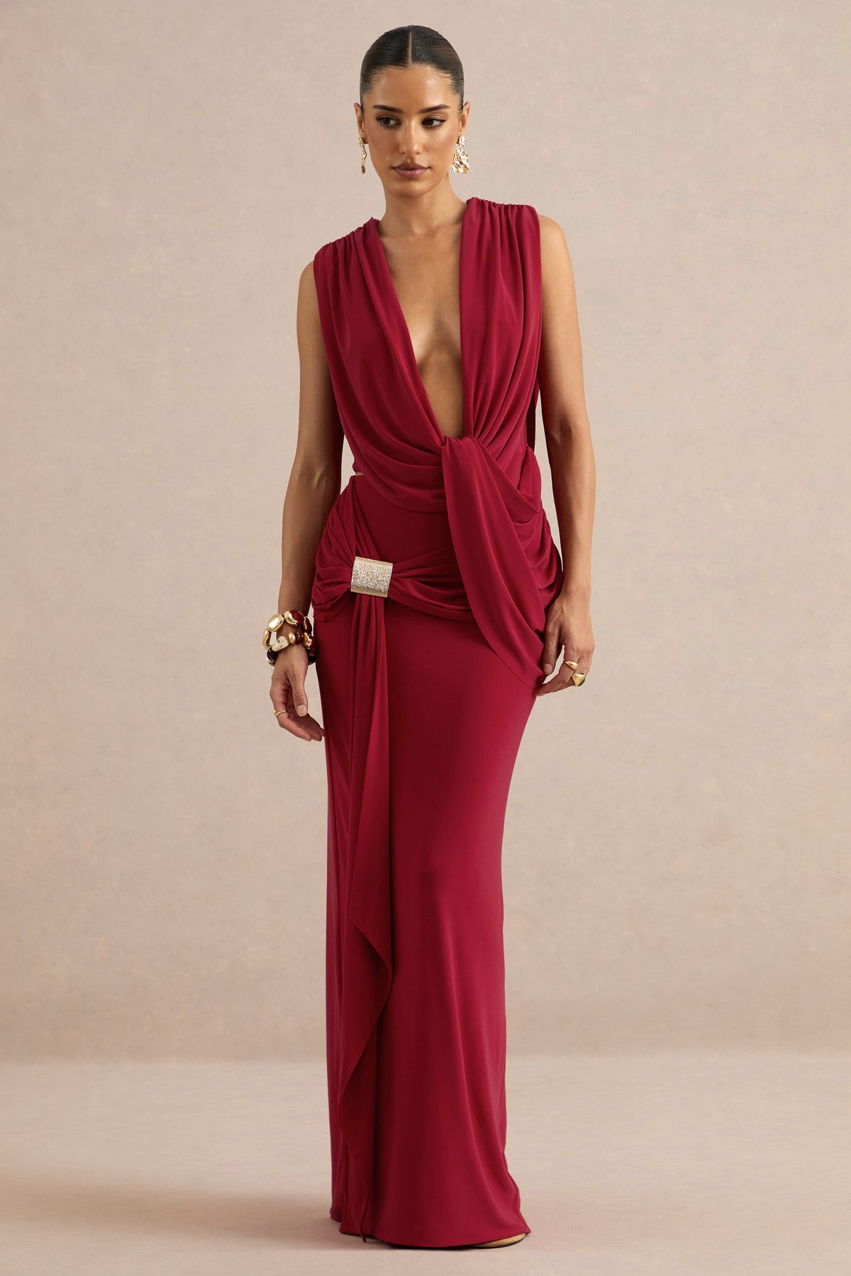 Lilias | Red Jersey Ruched Mid Rise Maxi Skirt With Sash And Gold Trim Detailing