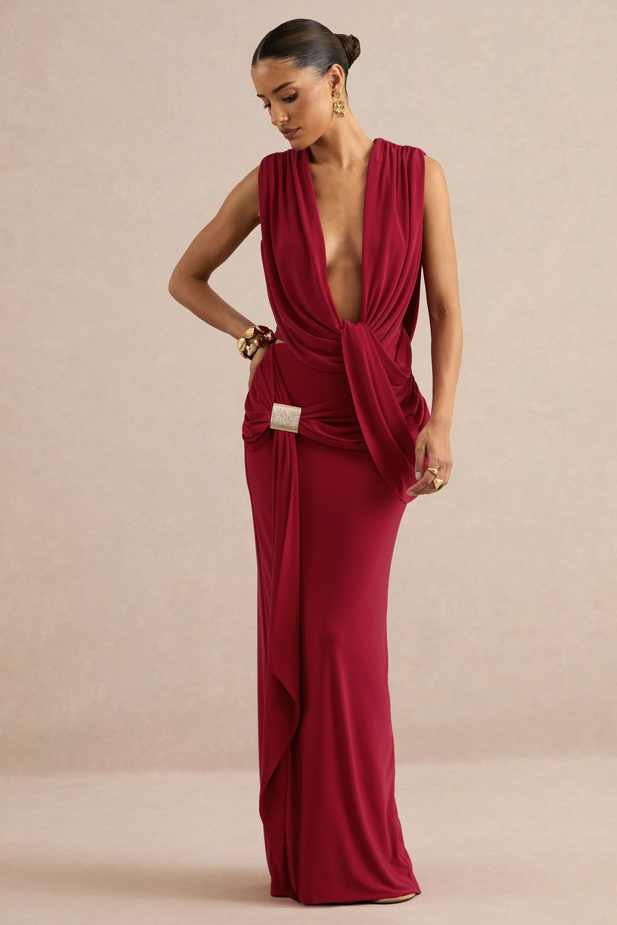 Lilias | Red Jersey Ruched Mid Rise Maxi Skirt With Sash And Gold Trim Detailing