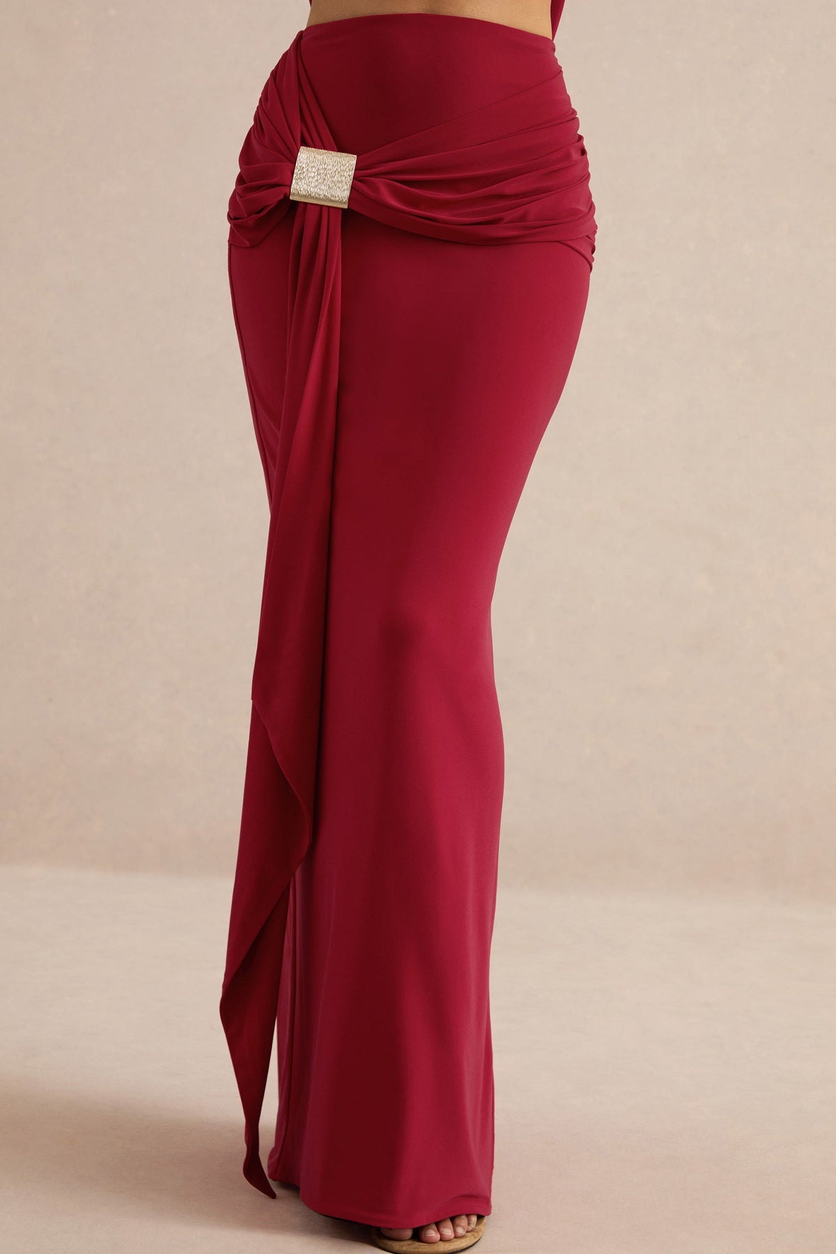 Lilias | Red Jersey Ruched Mid Rise Maxi Skirt With Sash And Gold Trim Detailing