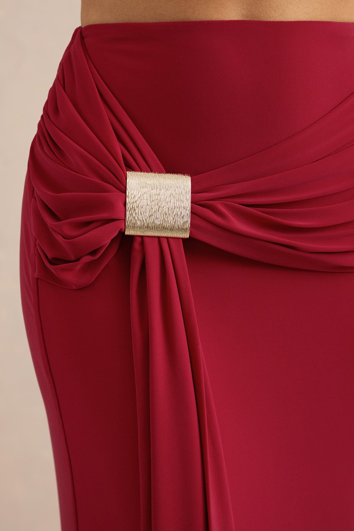 Lilias | Red Jersey Ruched Mid Rise Maxi Skirt With Sash And Gold Trim Detailing