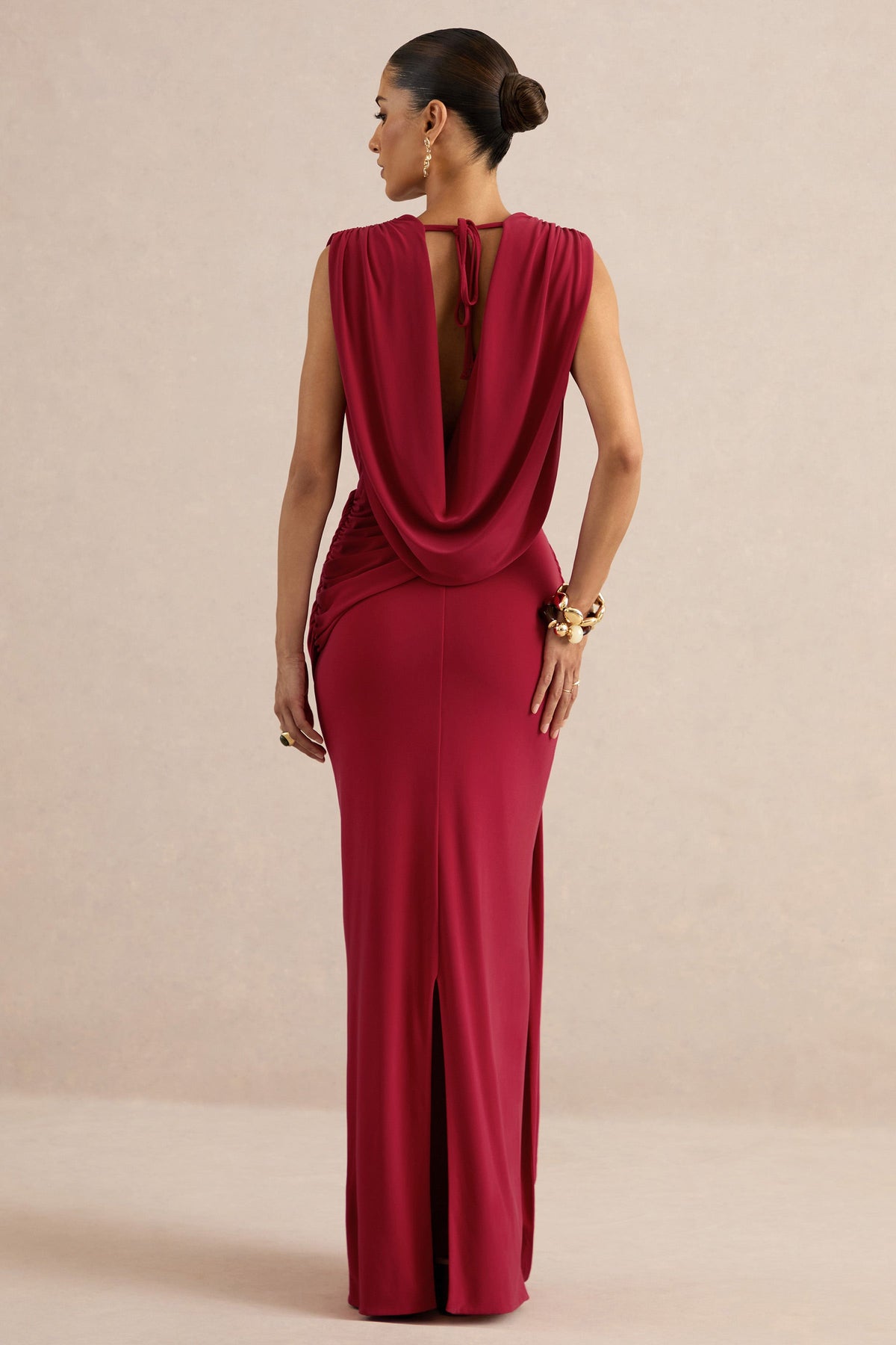 Lilias | Red Jersey Ruched Mid Rise Maxi Skirt With Sash And Gold Trim Detailing