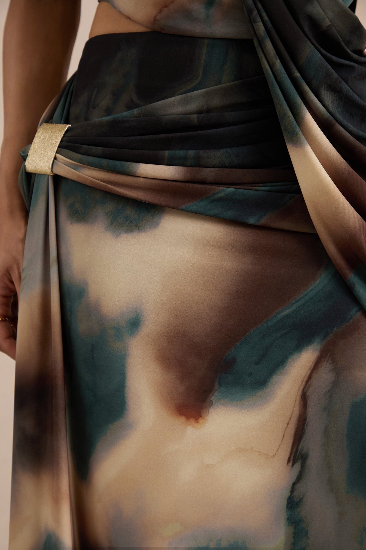 Lilias | Black And Blue Ombre Print Jersey Ruched Mid Rise Maxi Skirt With Sash And Gold Trim Detailing