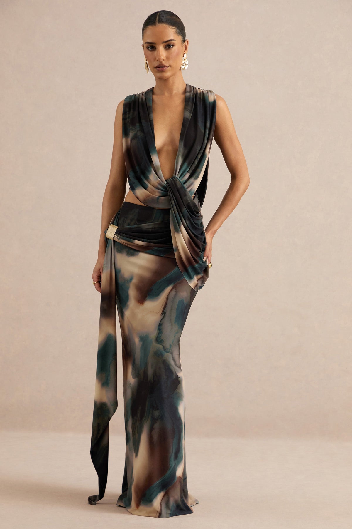 Lilias | Black And Blue Ombre Print Jersey Ruched Mid Rise Maxi Skirt With Sash And Gold Trim Detailing