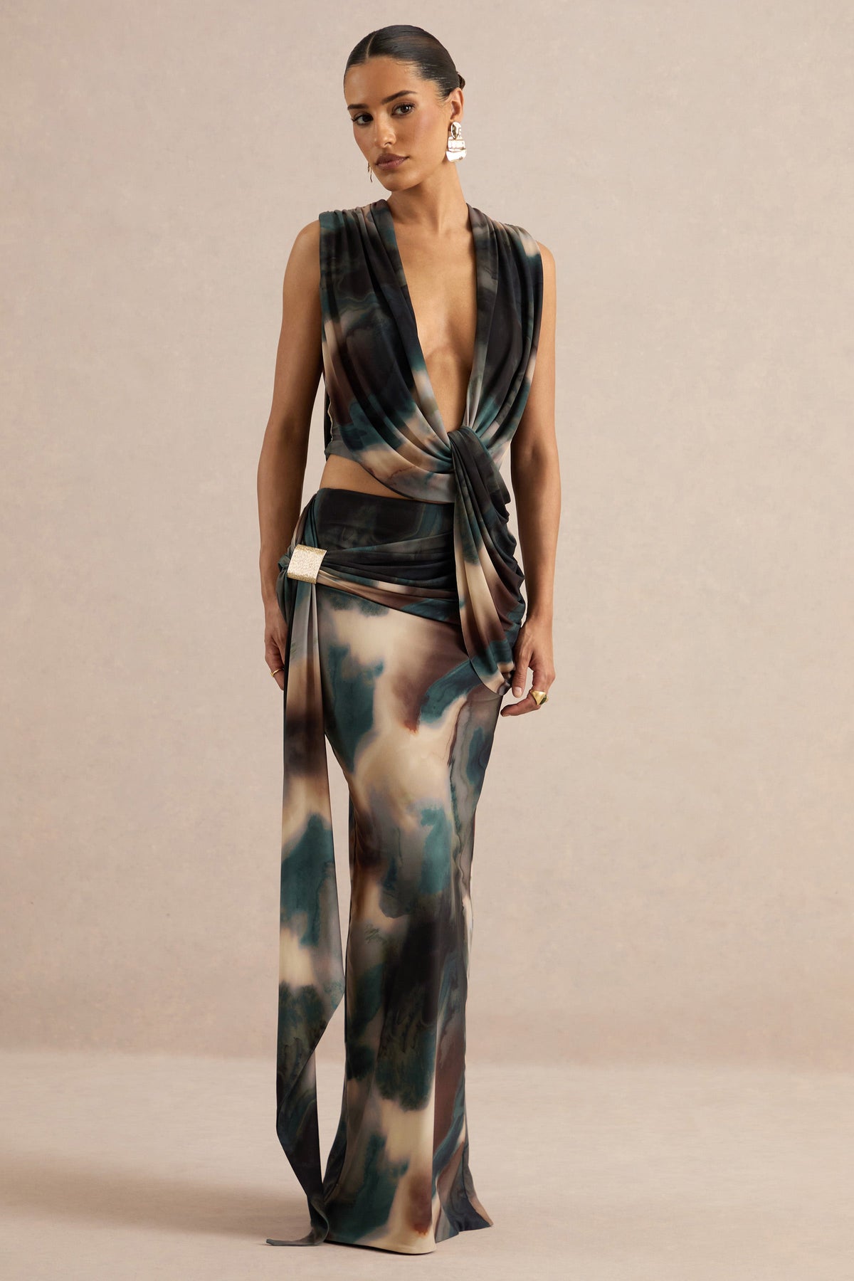 Lilias | Black And Blue Ombre Print Jersey Ruched Mid Rise Maxi Skirt With Sash And Gold Trim Detailing