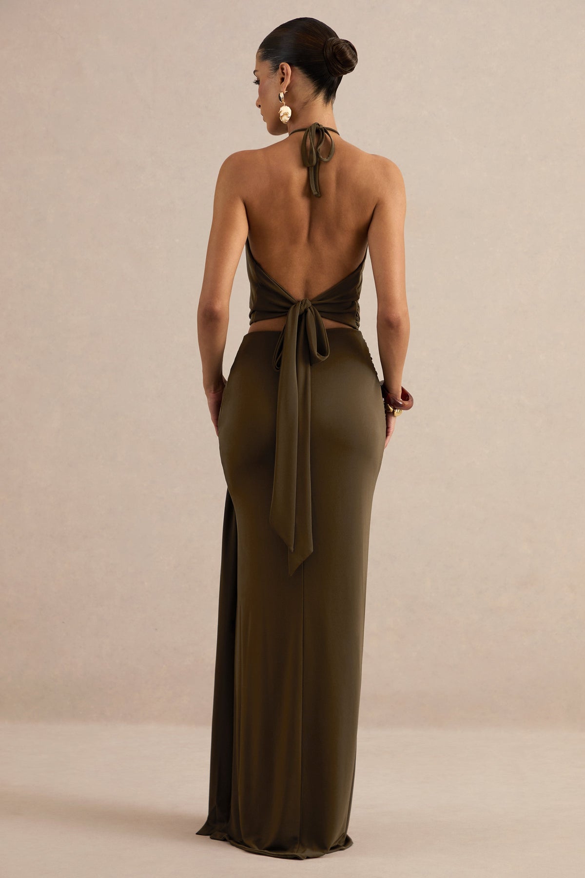 Liviana | Khaki Halter-Neck Top With Sash Detailing And Gold Detail