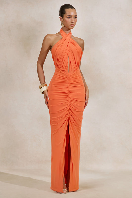 Alinor | Orange Jersey Wrap Ruched Halter Maxi Dress With Low Back And Split