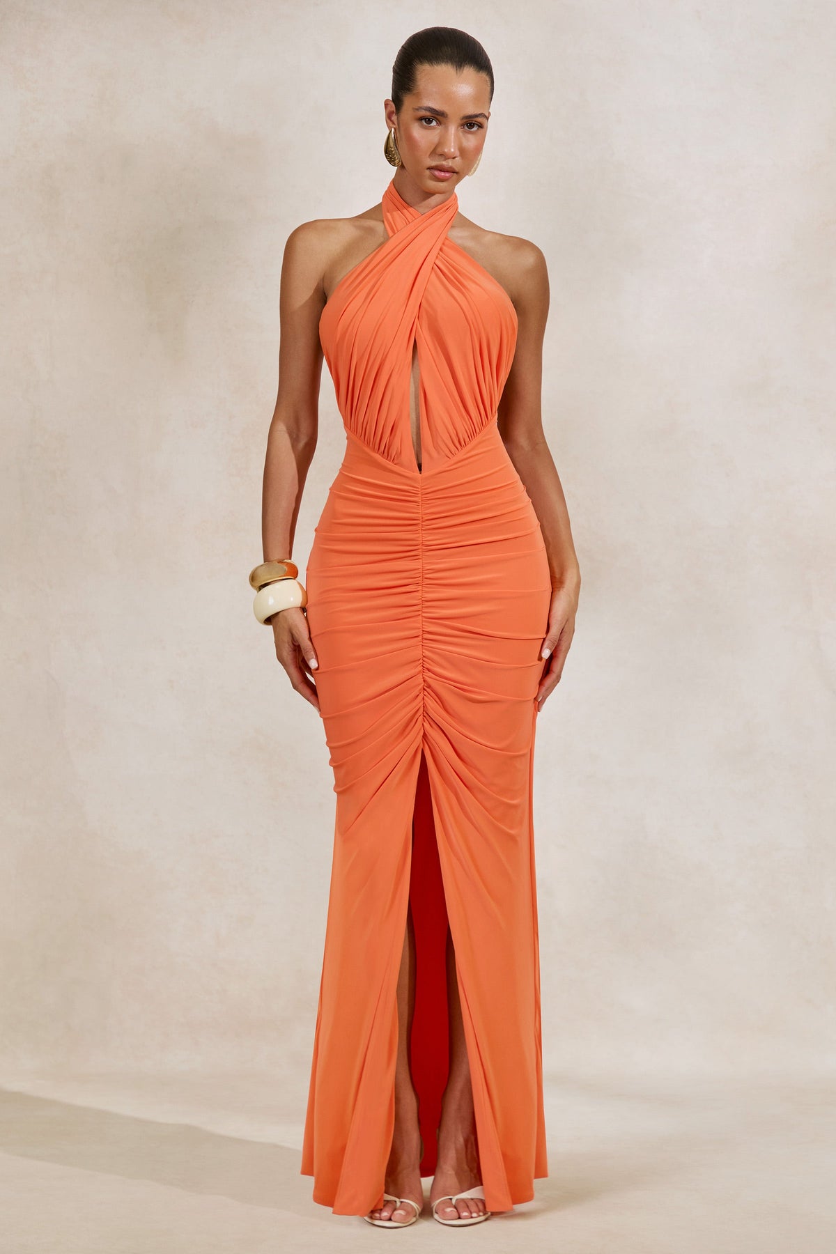 Alinor | Orange Jersey Wrap Ruched Halter Maxi Dress With Low Back And Split
