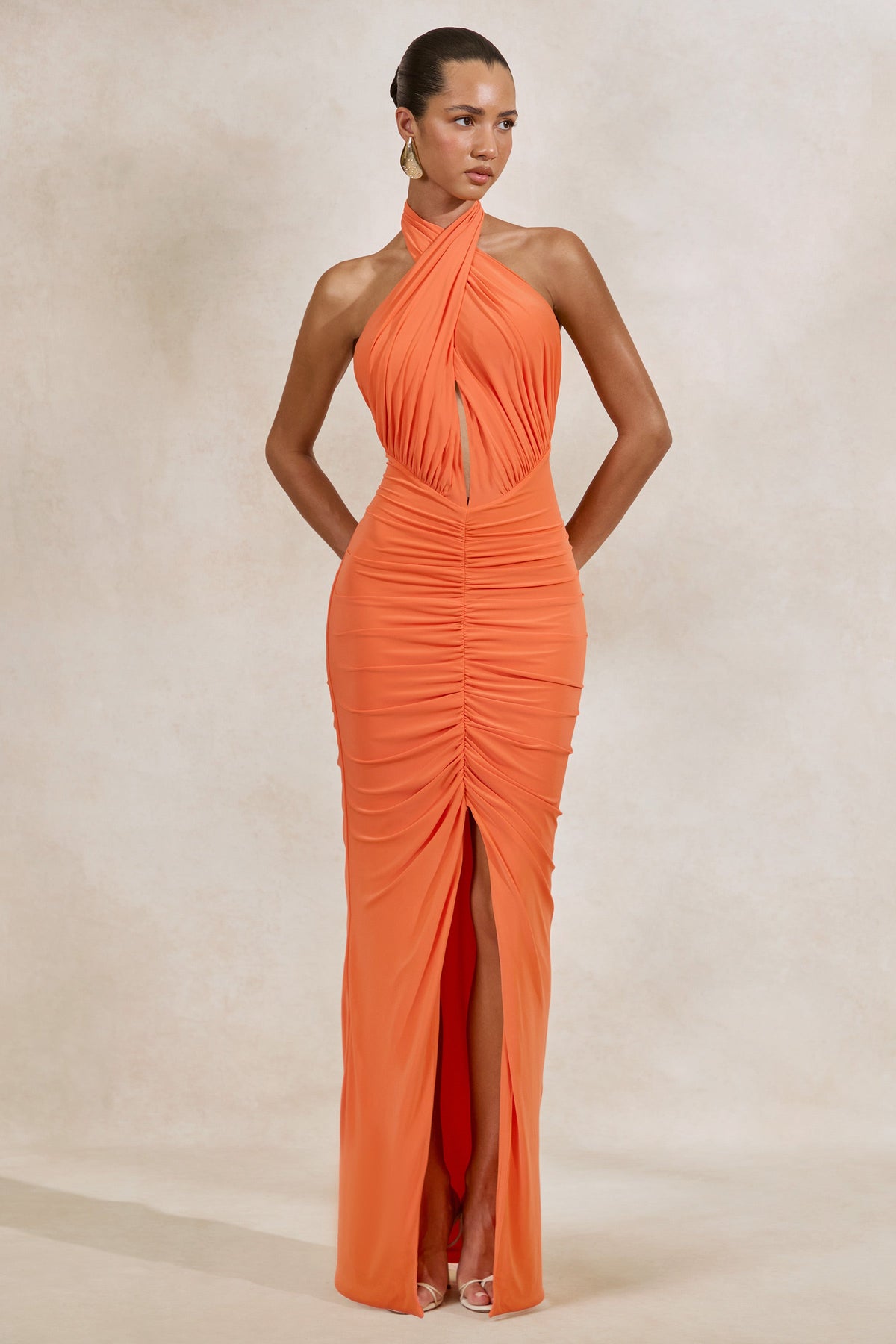 Alinor | Orange Jersey Wrap Ruched Halter Maxi Dress With Low Back And Split