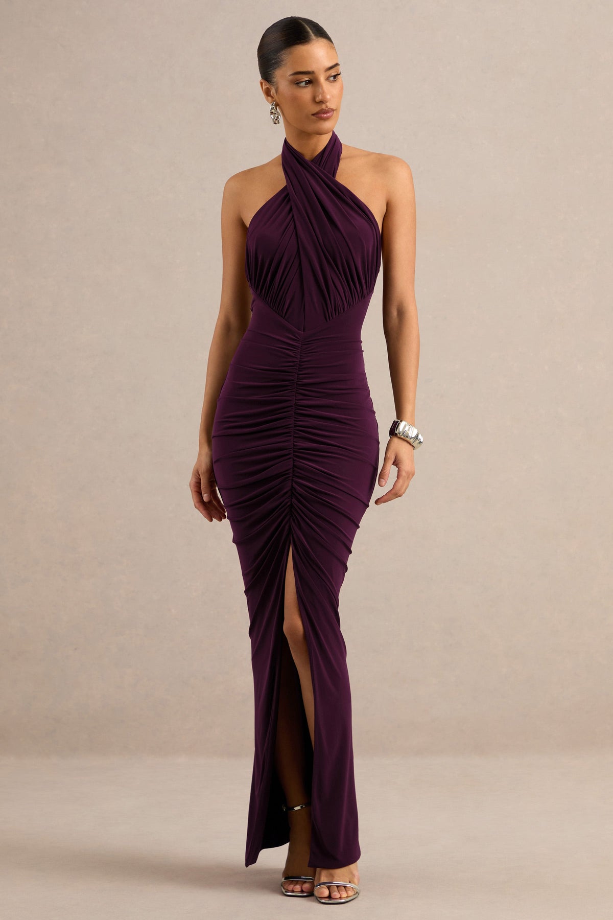 Alinor | Purple Jersey Wrap Ruched Halter Maxi Dress With Low Back And Split