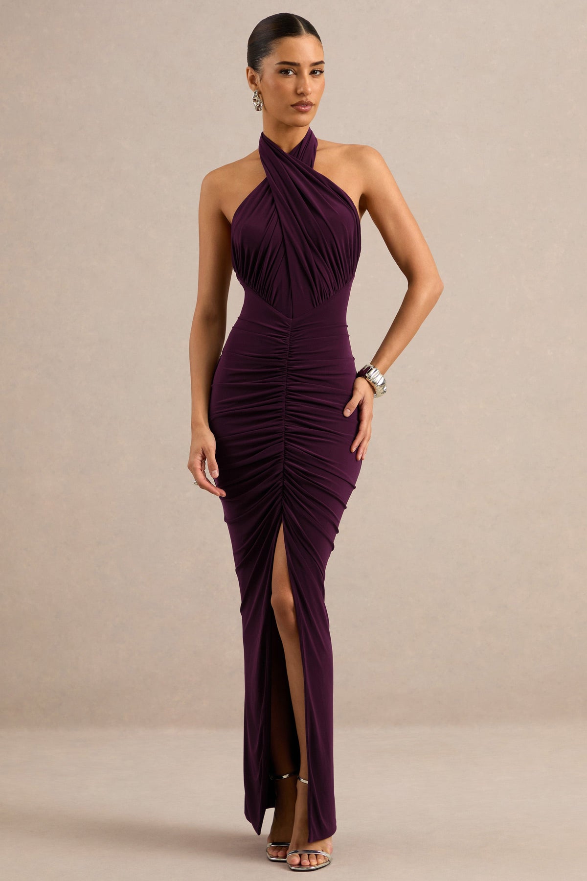 Alinor | Purple Jersey Wrap Ruched Halter Maxi Dress With Low Back And Split
