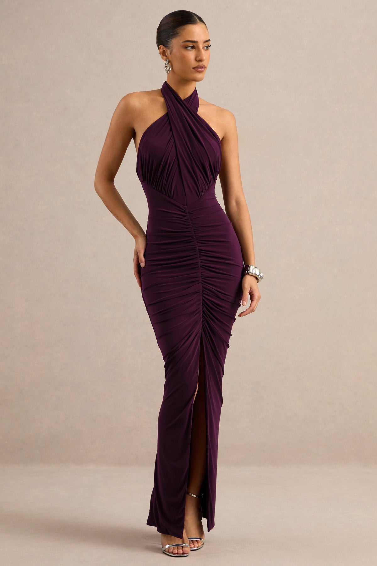 Alinor | Purple Jersey Wrap Ruched Halter Maxi Dress With Low Back And Split