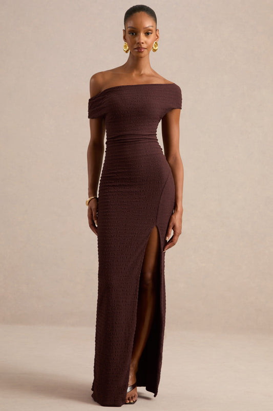 Aroa | Dark Brown Textured Jersey Bardot Short Sleeve Maxi Dress With Split