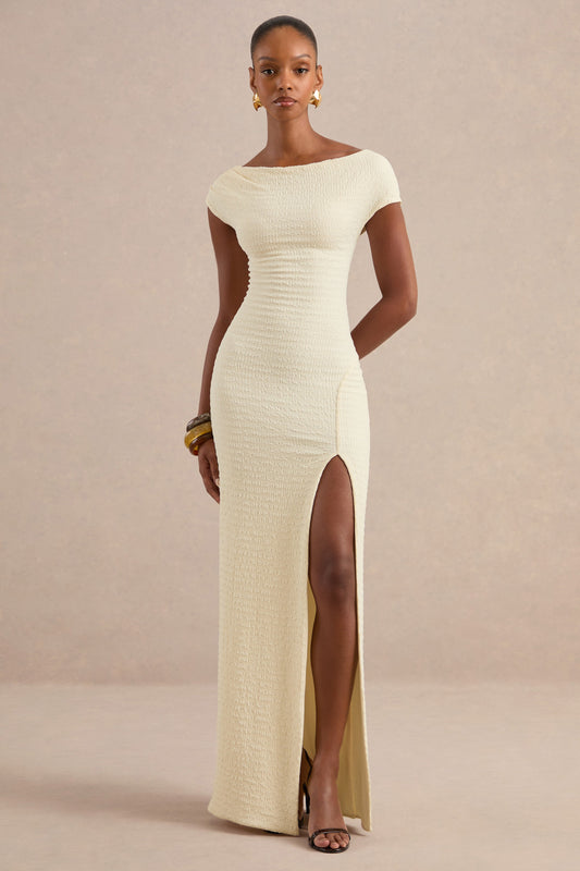 Aroa | Cream Textured Jersey Bardot Short Sleeve Maxi Dress With Split