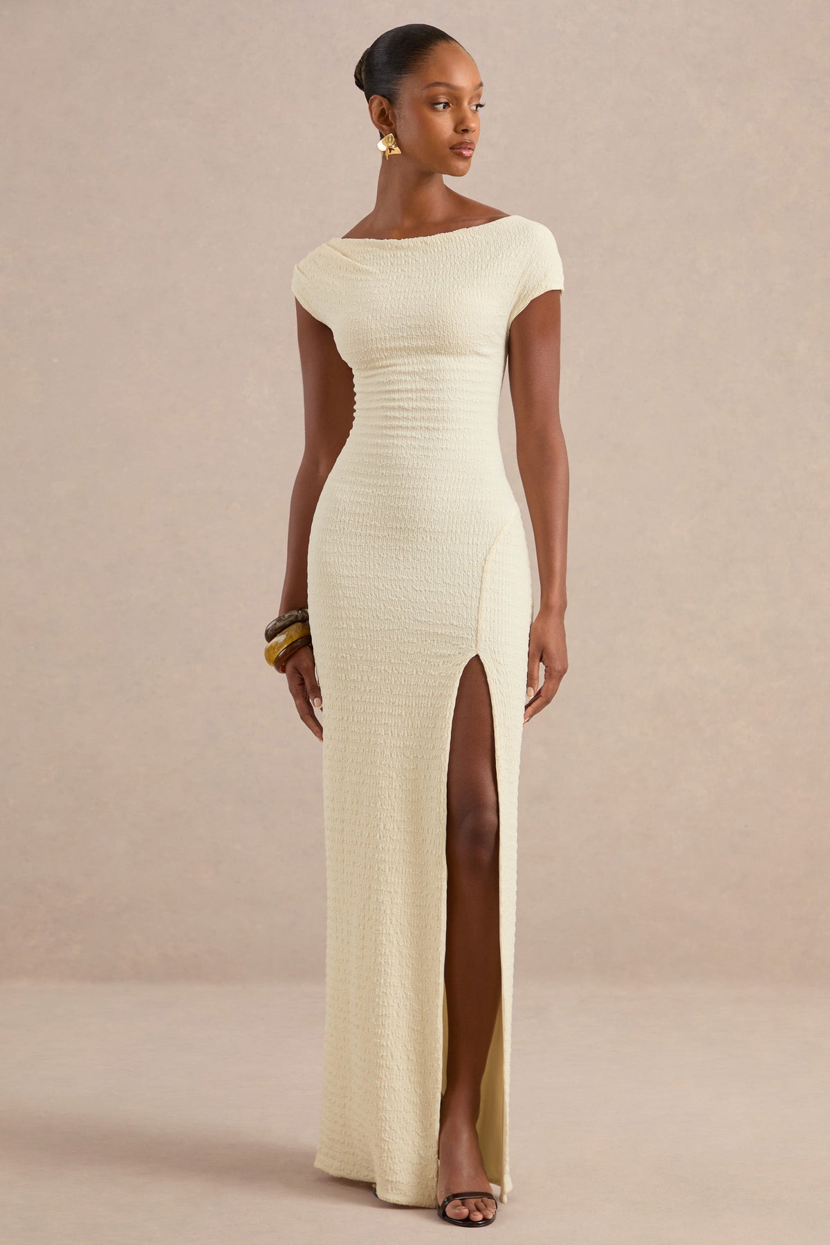 Aroa | Cream Textured Jersey Bardot Short Sleeve Maxi Dress With Split