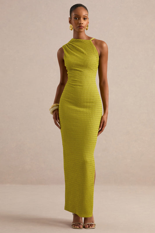 Ayari | Olive Textured Jersey One Shoulder Maxi Dress With Low Back
