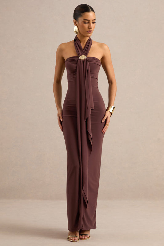 Delaina | Dark Brown Halter-Neck Maxi Dress With Gold Detail And Sash