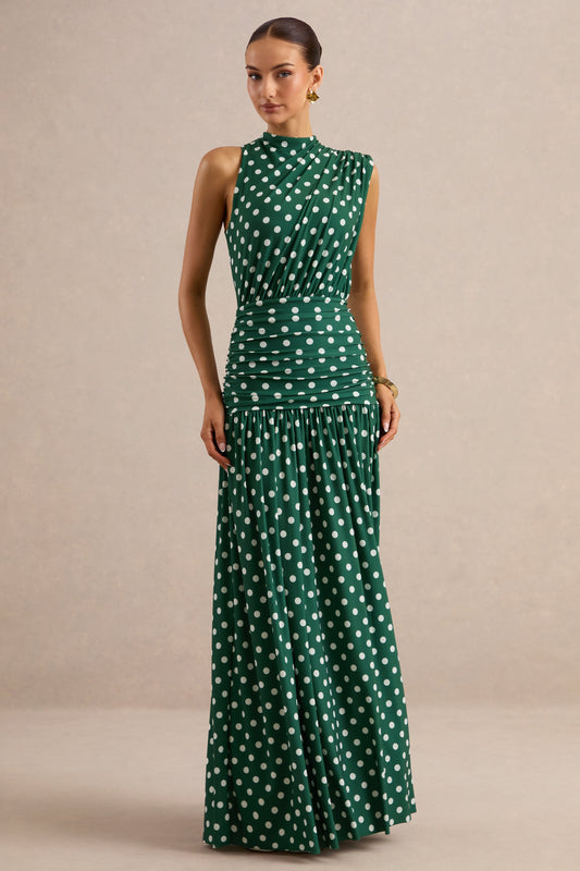Kelis | Green Polka Dot Print Jersey High Neck Maxi Dress With Gathered Detailing