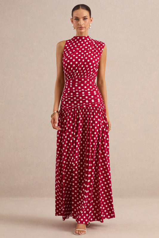 Kelis | Red Polka Dot Print Jersey High Neck Maxi Dress With Gathered Detailing