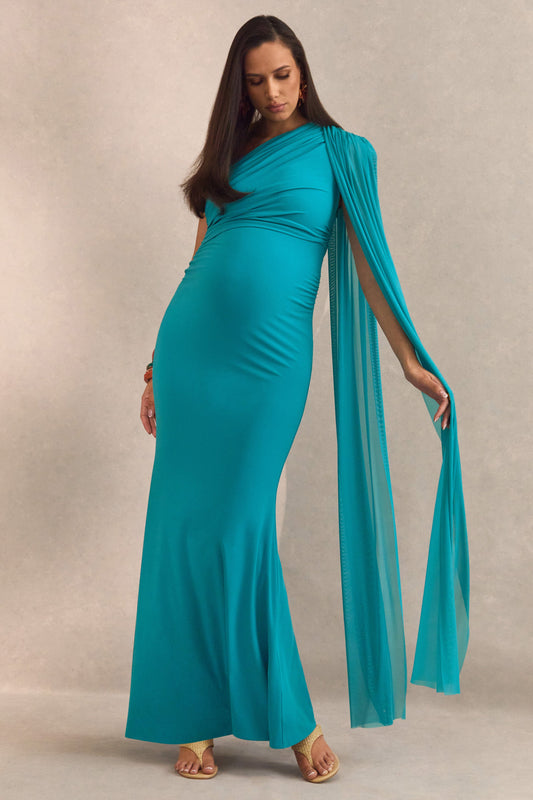 Aylena | Turquoise Asymmetric-Neck Maternity Maxi Dress With Sash Detail
