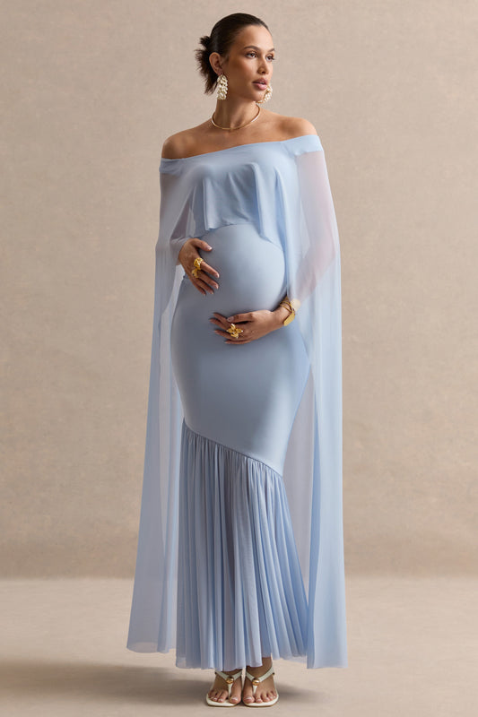 Bluma | Light Blue Bardot-Neck Maternity Maxi Dress With Sheer Skirt And Cape Detail