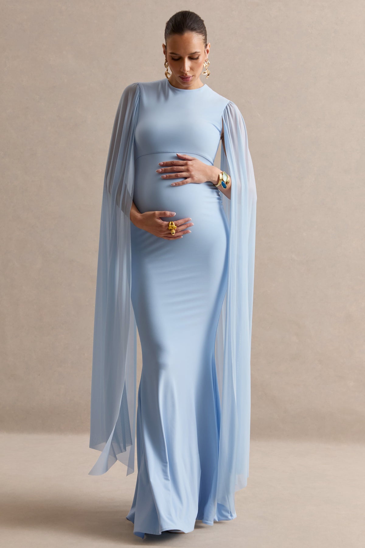 Calitheia | Light Blue Round-Neck Maternity Maxi Dress With Long Floaty Mesh Sleeves