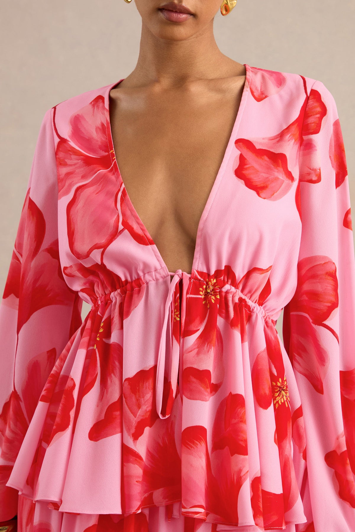 Asella | Pink Chiffon Plunge-Neck Front-Tied Top