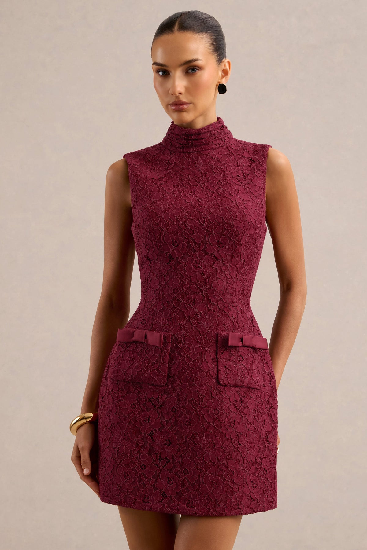 Cielle | Burgundy Lace High Neck Mini Dress With Bow Detailing