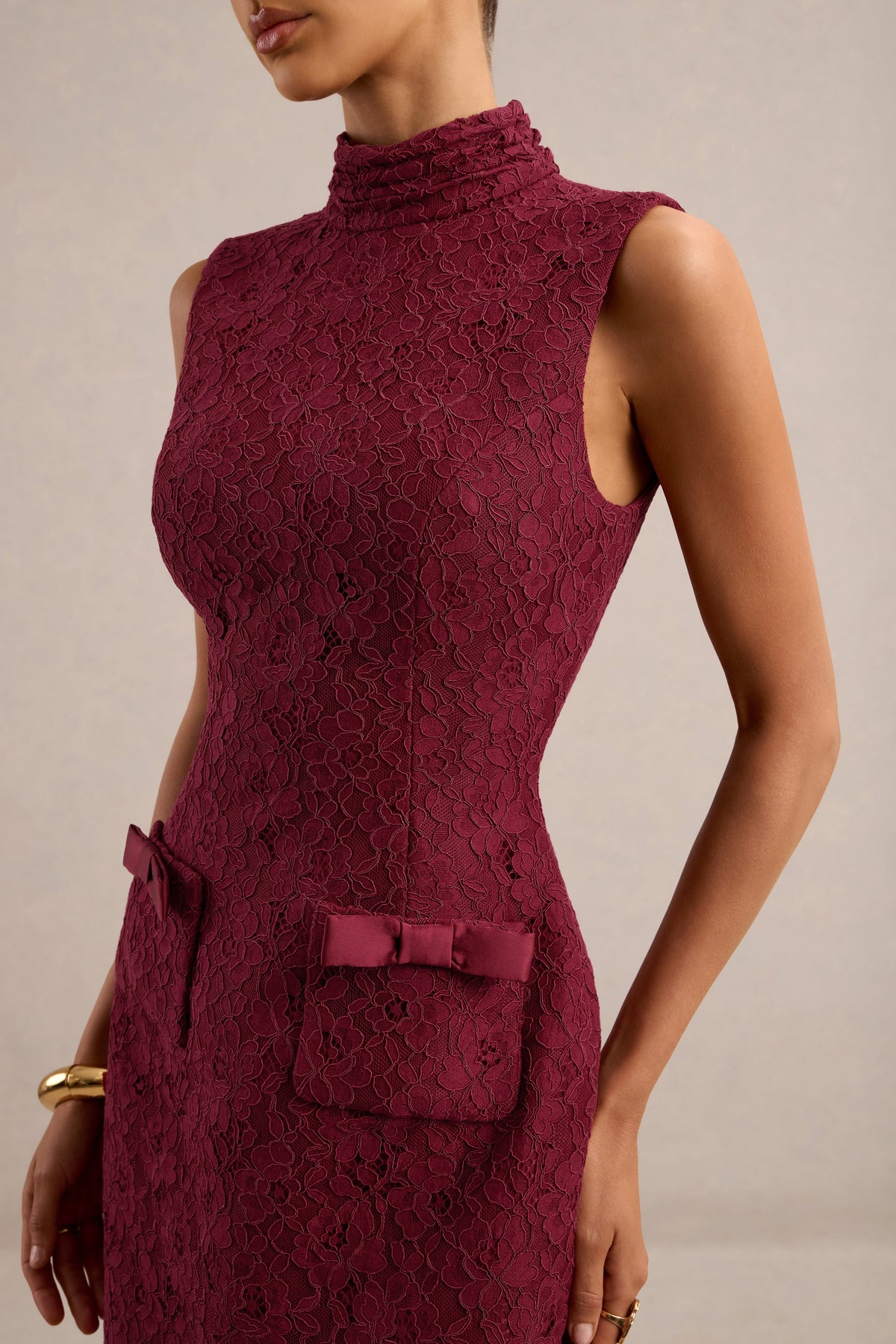 Cielle | Burgundy Lace High Neck Mini Dress With Bow Detailing