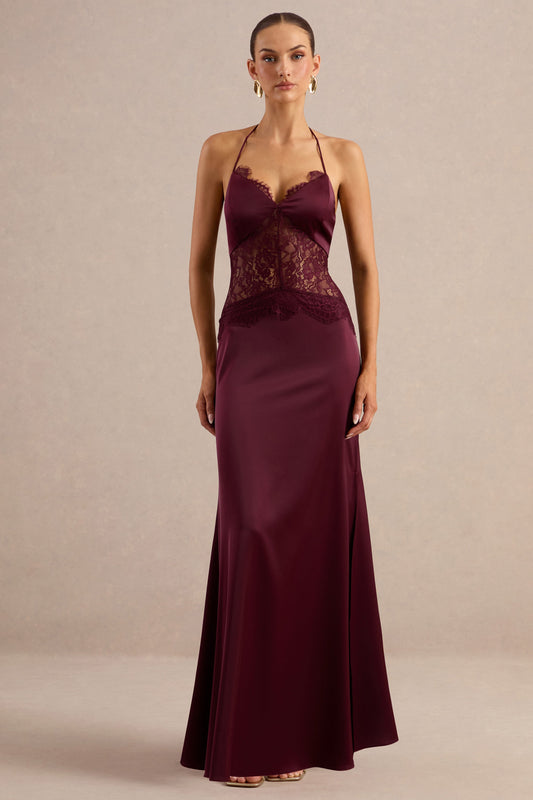 Kalira | Burgundy Satin V Neck Maxi Dress With Tie Back And Sheer Lace Detailing