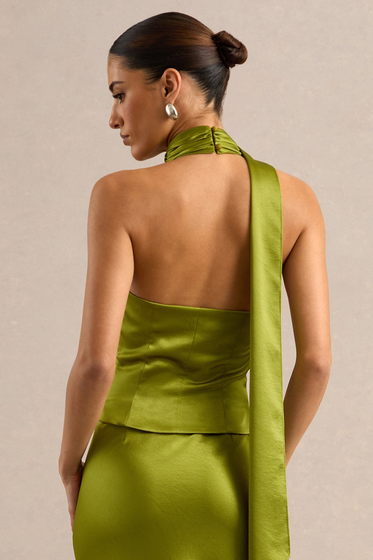Lareina | Olive Satin Halter-Neck Top