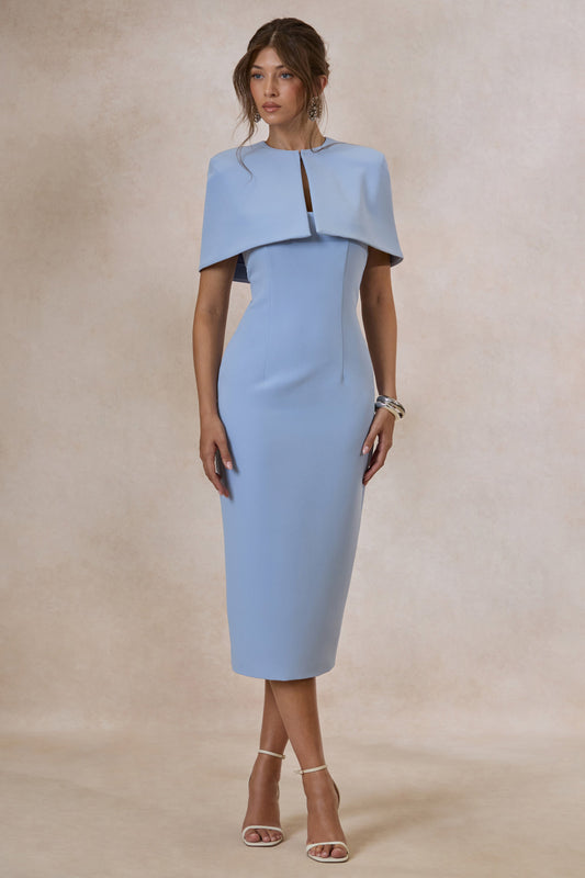 Celandia | Light Blue Round Neck Midi Dress With Detachable Cape And Back Split