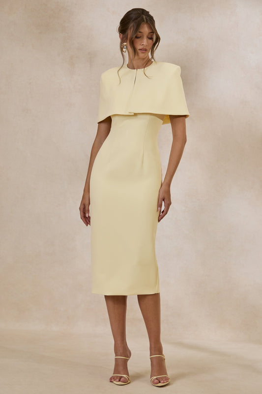 Celandia | Lemon Round Neck Midi Dress With Detachable Cape And Back Split