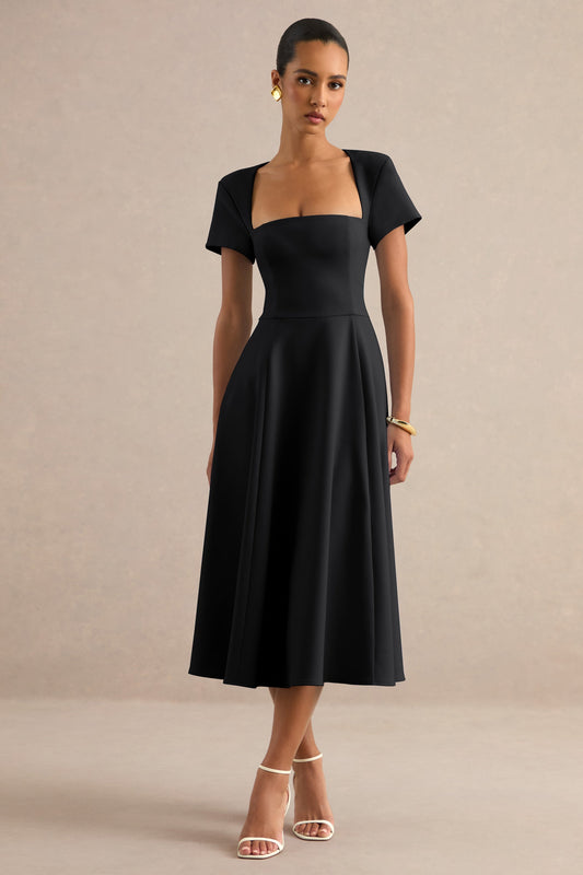 Donia | Black Square Neck Short Sleeve A-Line Midi Dress
