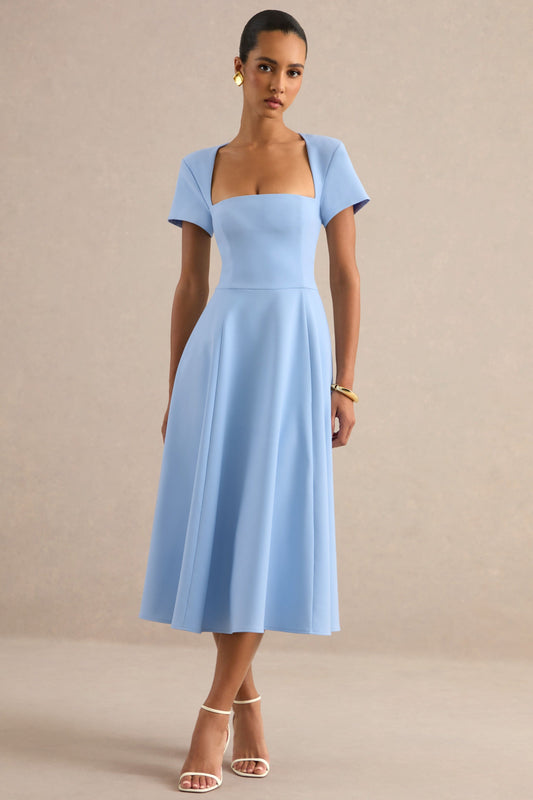 Donia | Light Blue Square Neck Short Sleeve A-Line Midi Dress