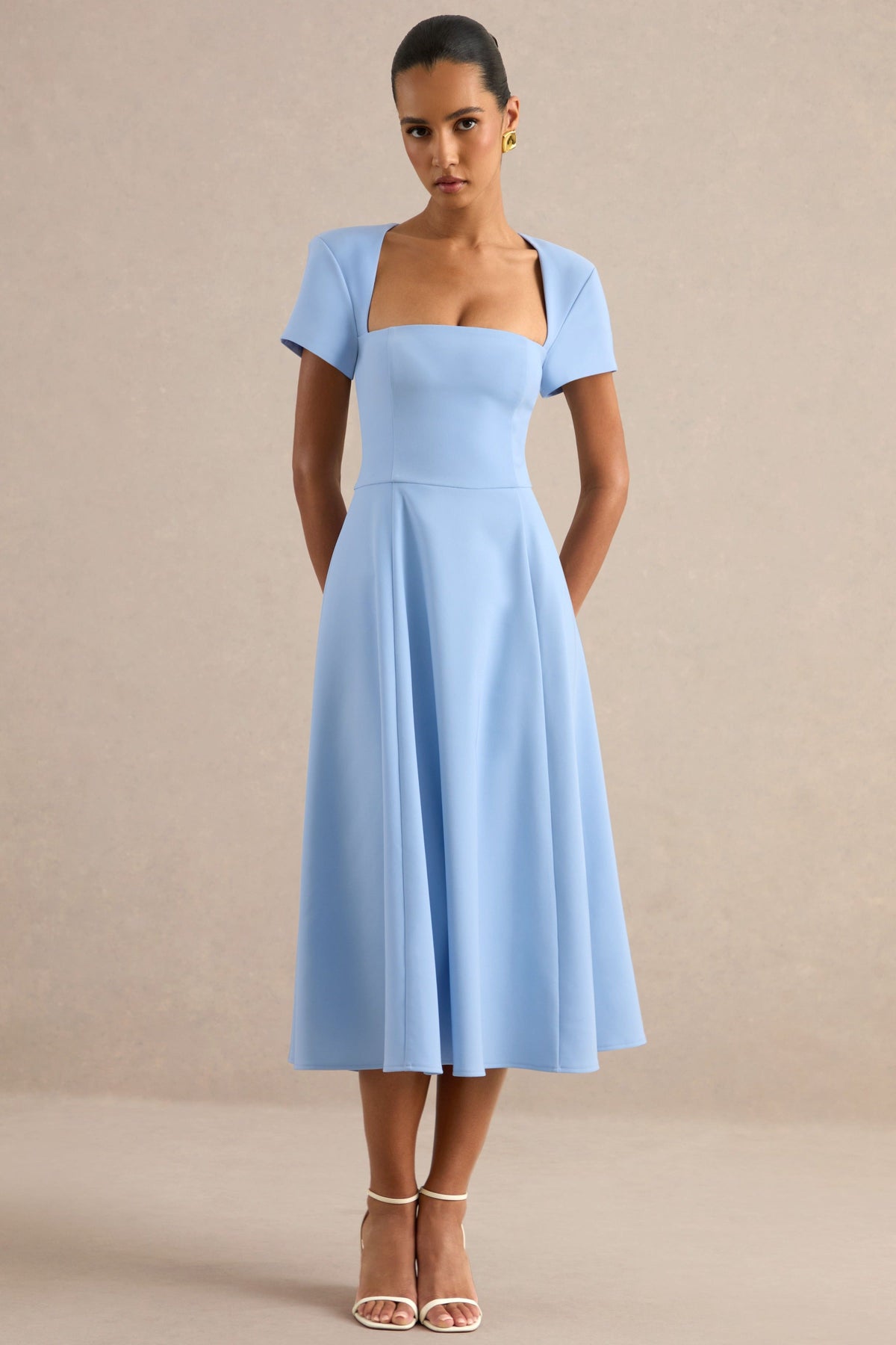 Donia | Light Blue Square Neck Short Sleeve A-Line Midi Dress