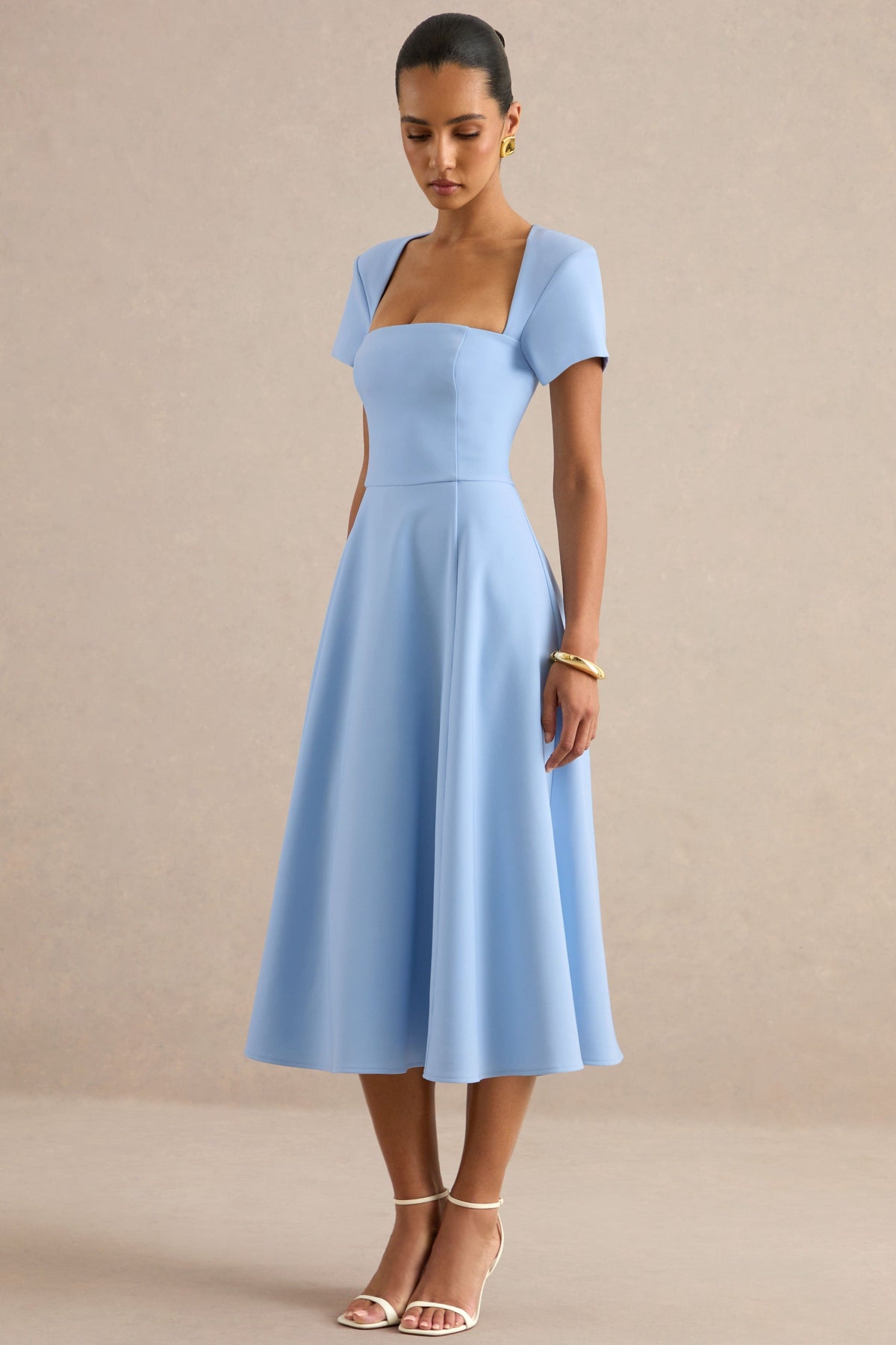 Donia | Light Blue Square Neck Short Sleeve A-Line Midi Dress