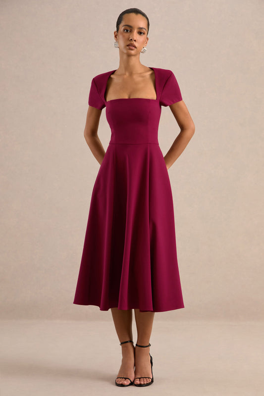 Donia | Burgundy Square Neck Short Sleeve A-Line Midi Dress